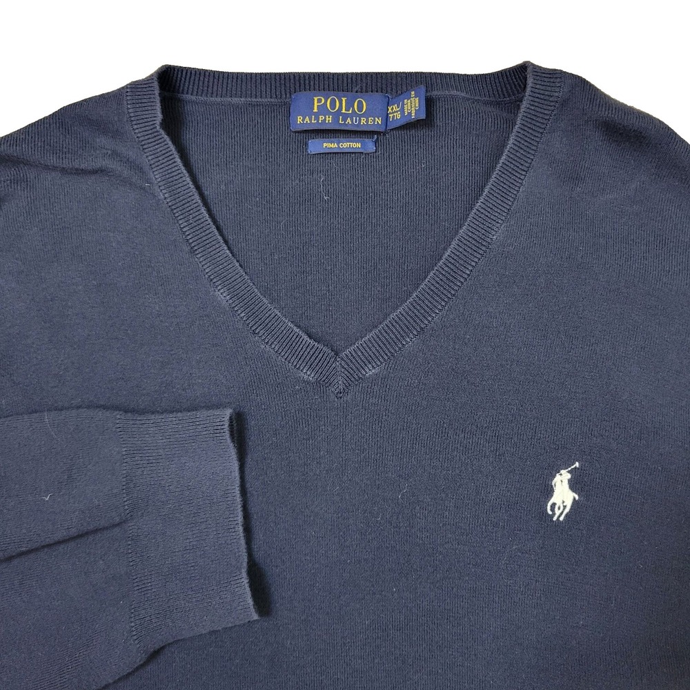 Polo Ralph Lauren Pima Cotton Mens 2XL Navy White Pony VNeck Sweater Long Sleeve